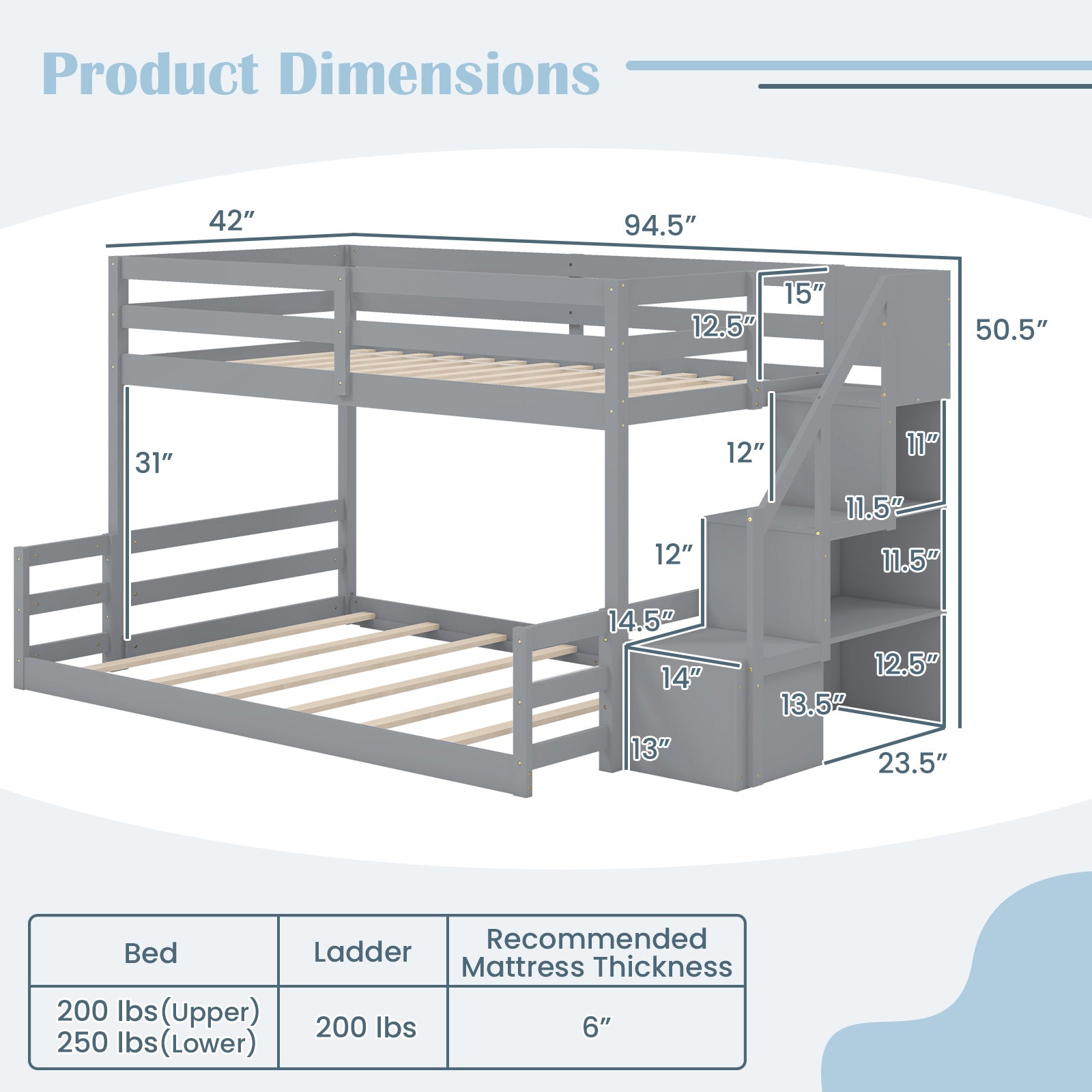 Solid Wood Twin Over Full Low Bunk Bed with Storage Stairs-Grey, Gray Bunk Bed Frame at Gallery Canada