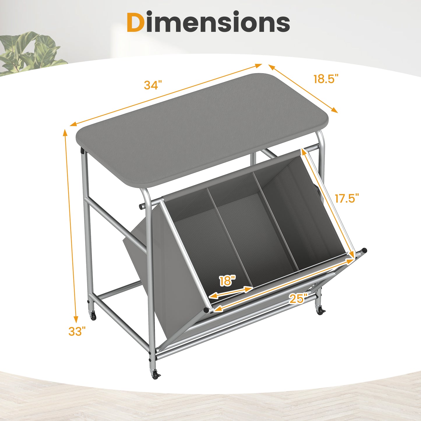 3-Section Laundry Sorter with Foldable Ironing Board and Lockable Wheels, Gray Laundry Baskets at Gallery Canada