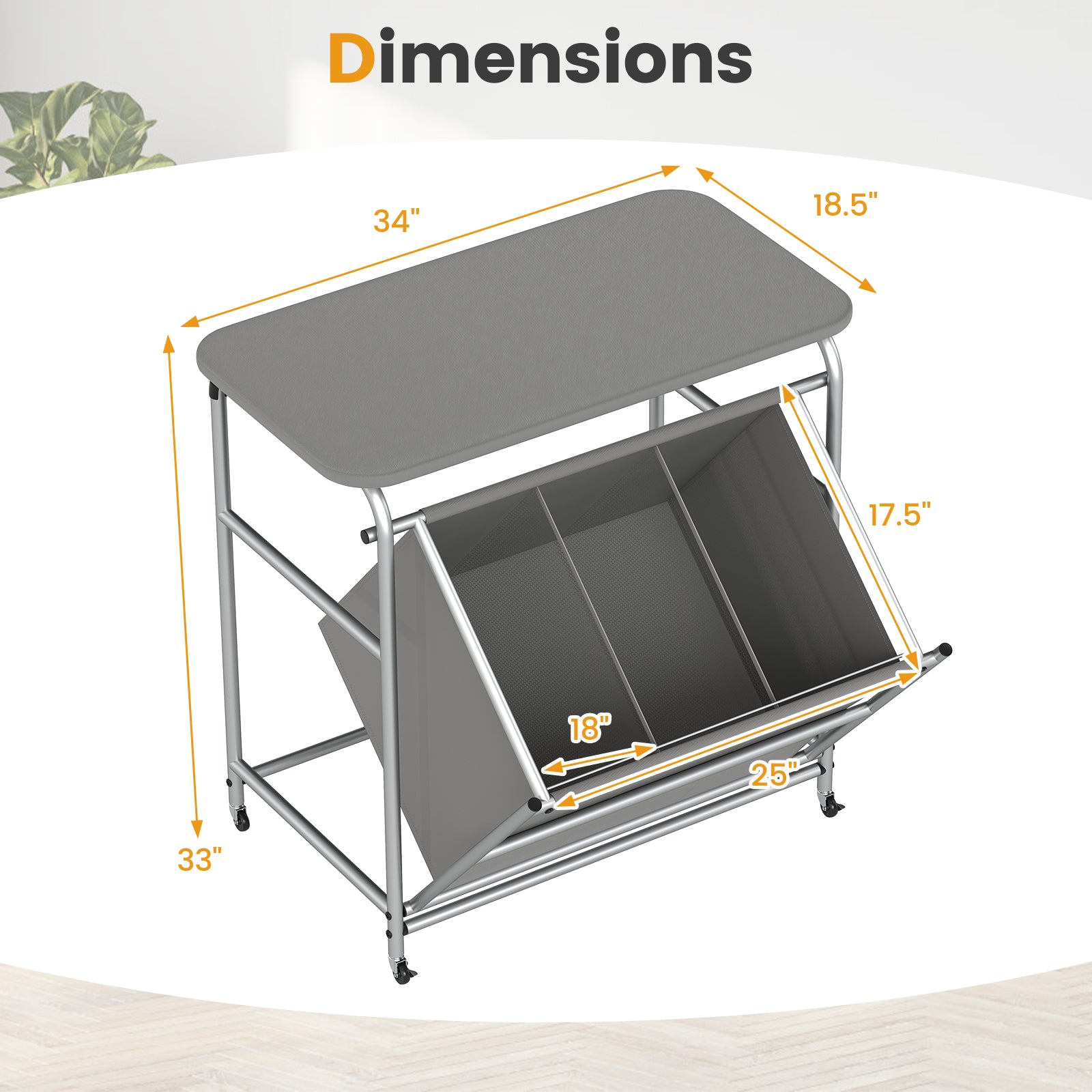 3-Section Laundry Sorter with Foldable Ironing Board and Lockable Wheels, Gray Laundry Baskets at Gallery Canada