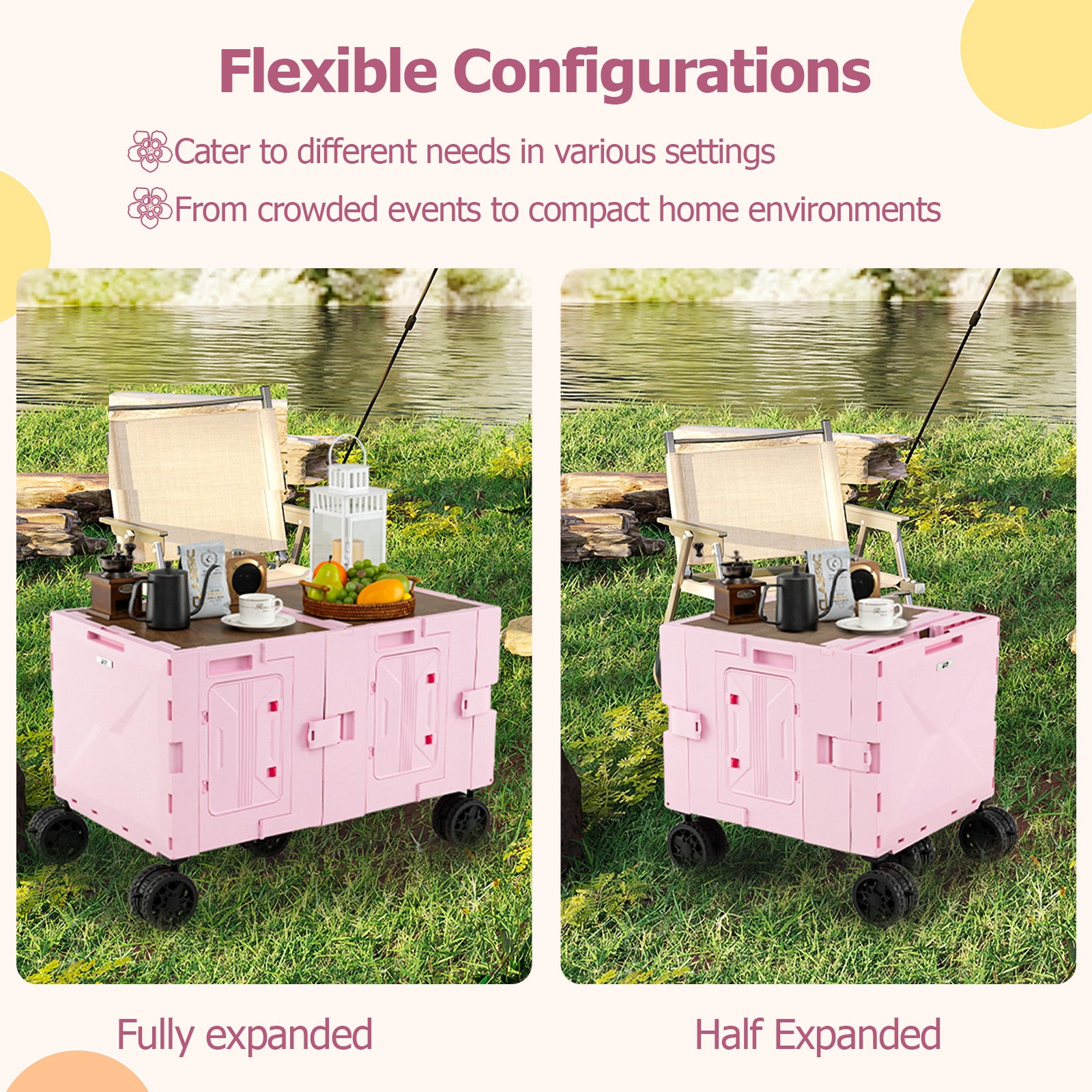 Large Foldable Utility Cart with 2-Tier Storage Crates and Telescoping Handle, Pink Camping Furniture at Gallery Canada