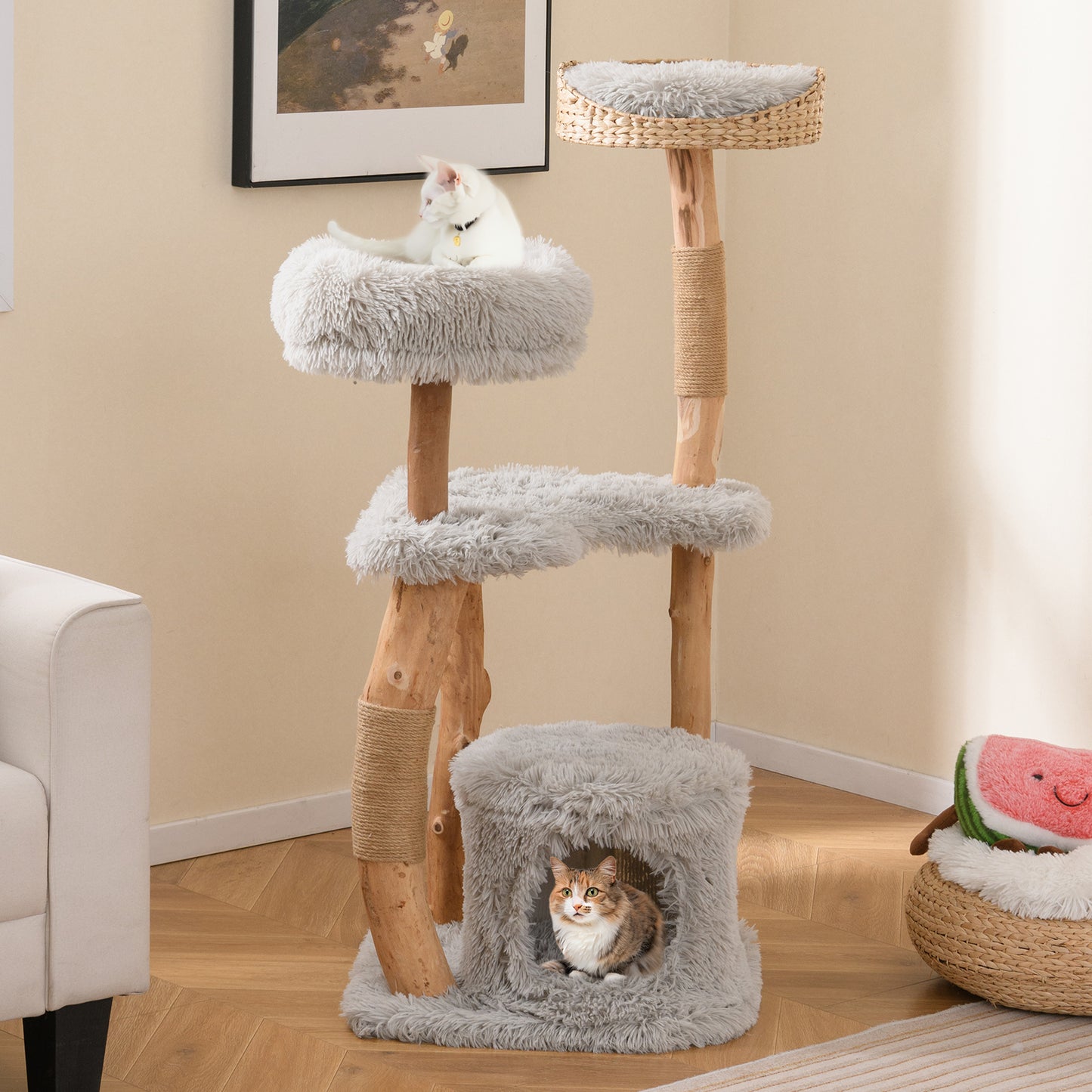 Solid Wood Cat Tower with Top Cattail Basket Cat Bed, Gray Cat Trees Condos & Scratchers at Gallery Canada