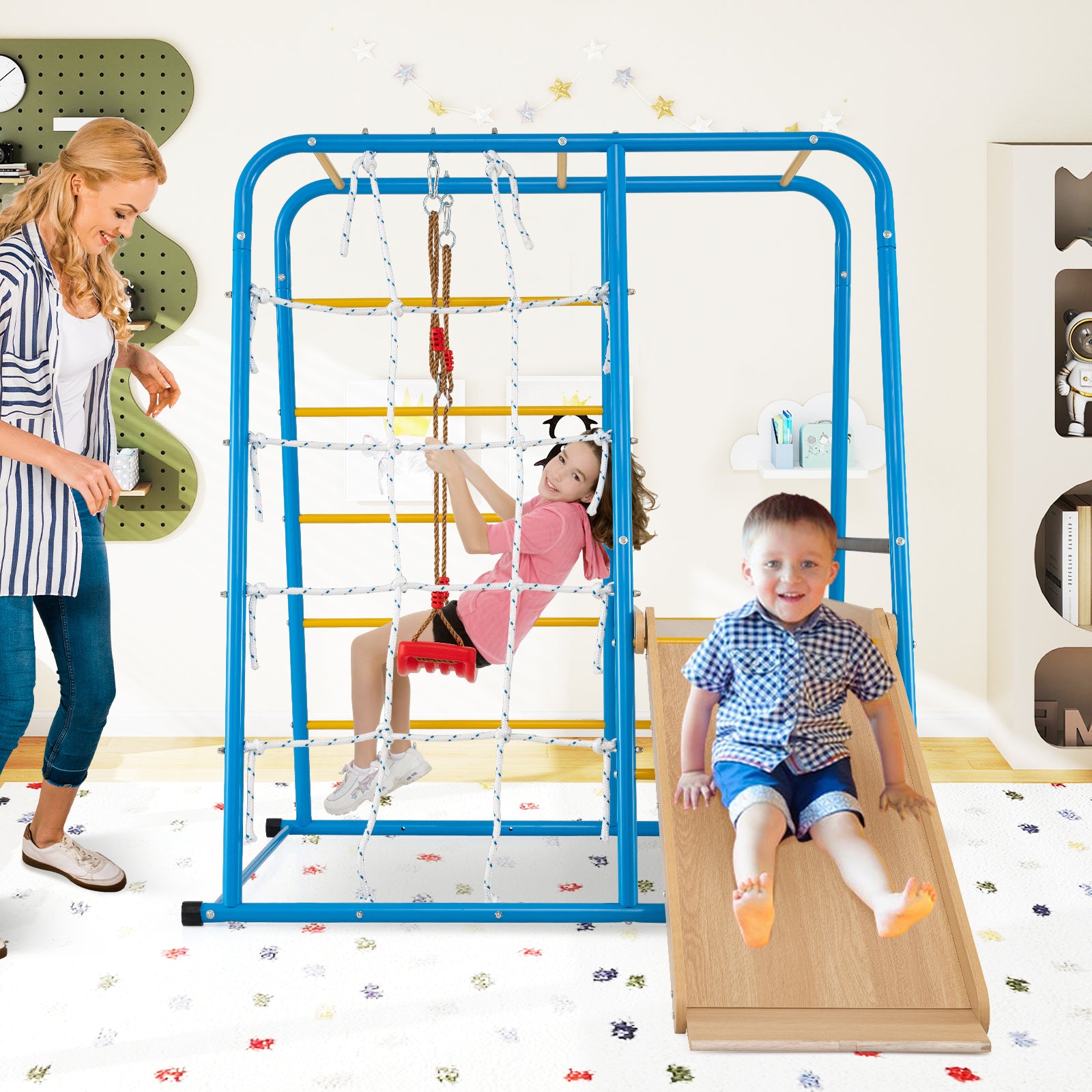 6-in-1 Indoor Jungle Gym with Slide for Boys and Girls 3+ Years Old, Blue Climbers & Slides at Gallery Canada