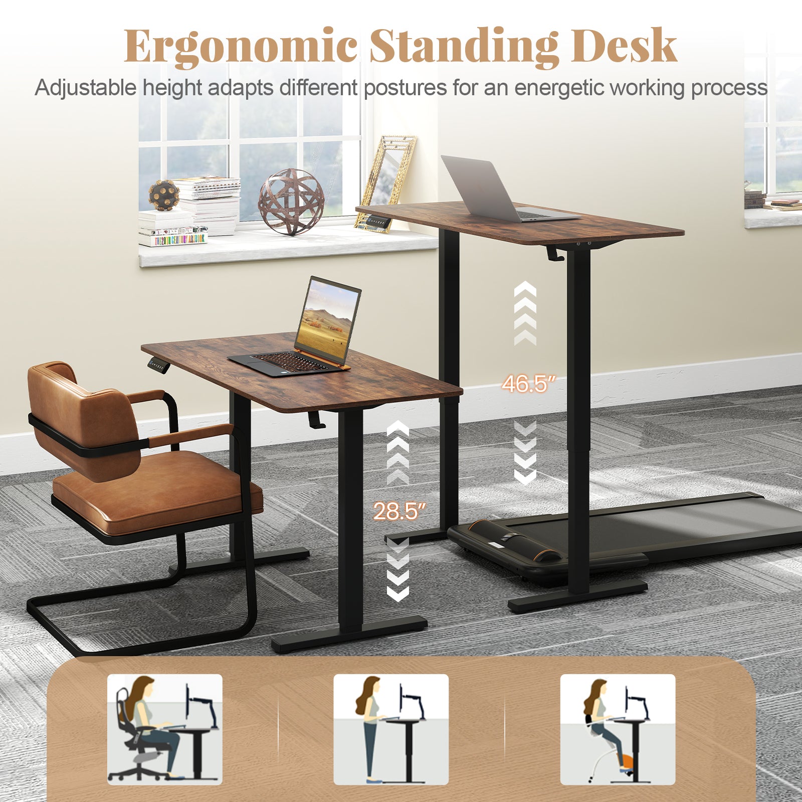 48 Inch x 24 Inch Ergonomic Electric Standing Desk with 3 Memory Settings for Home Office, Rustic Brown Standing Desks at Gallery Canada