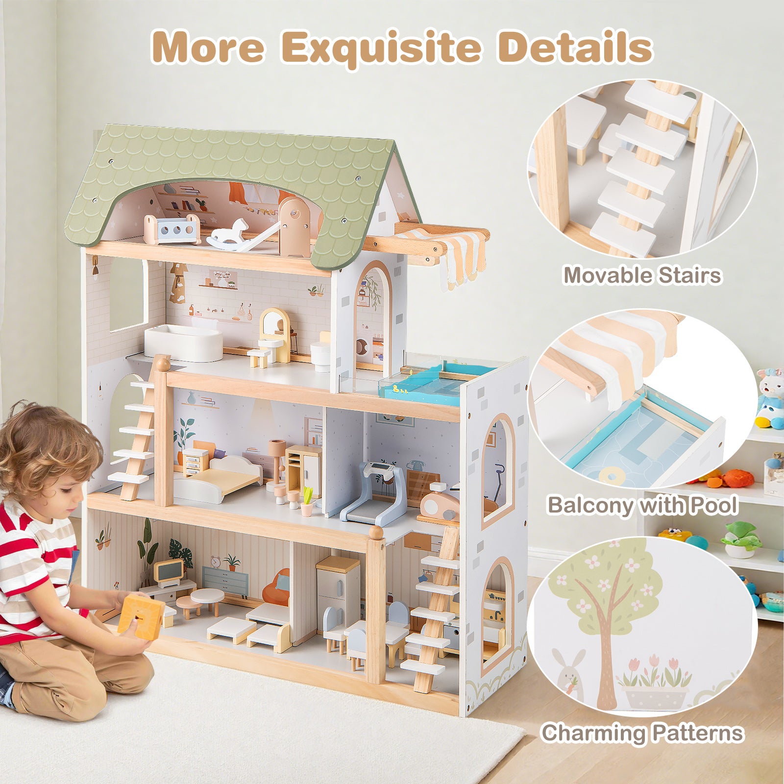 Wooden Dollhouse With 33 PCS Furniture, Green Play Tents & Playhouse at Gallery Canada