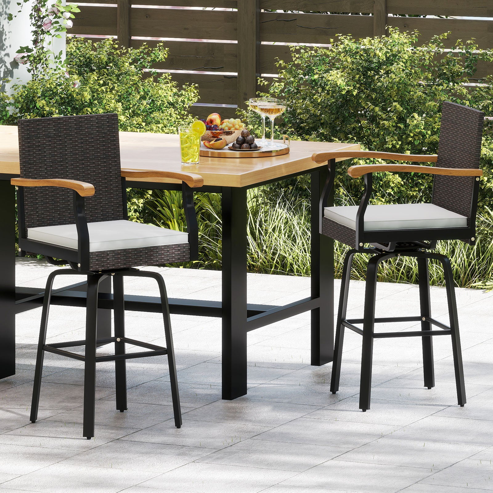 Outdoor 360° Swivel Bar Stool Set, With Cushion and Acacia Wood Armrests, Brown Patio Bar Furniture at Gallery Canada