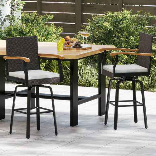 Outdoor 360° Swivel Bar Stool Set, With Cushion and Acacia Wood Armrests, Brown