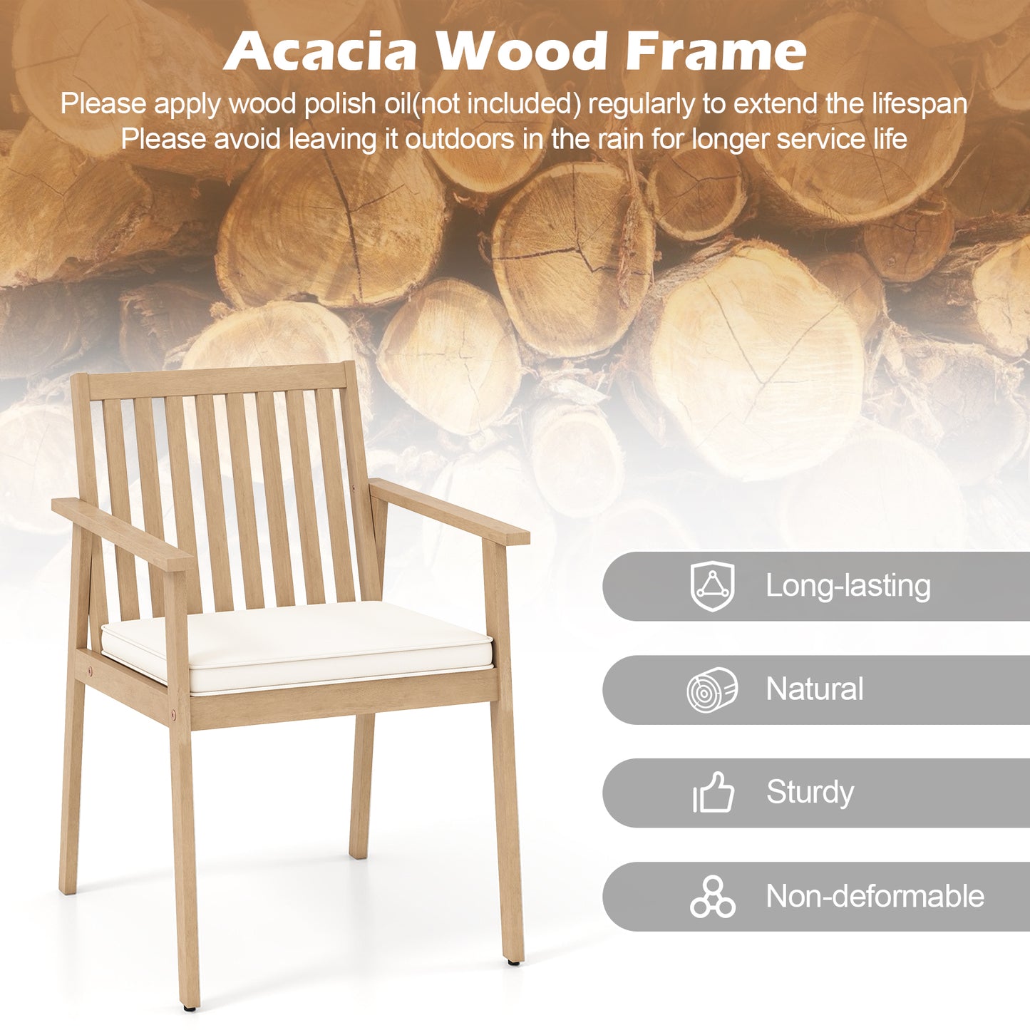 2 Pieces Patio Dining Chairs Outdoor Acacia Wood Chairs with Removable Padded Cushion, Oak Patio Dining Chairs at Gallery Canada