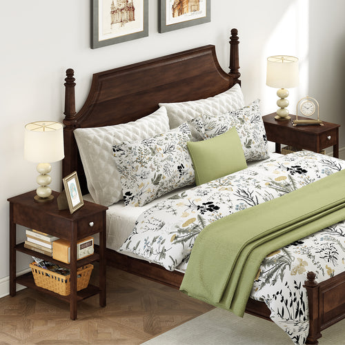 3-Tier Narrow End Table with Drawer and Storage Shelves Set of 2, Walnut