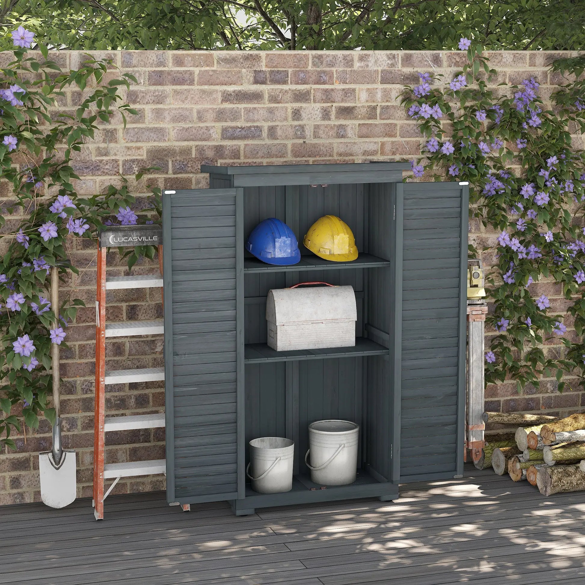 Outdoor Garden Shed, Wooden Tool Storage, 3-Tier Shelves, 34.3" x 18.3" x 63", Grey Sheds at Gallery Canada