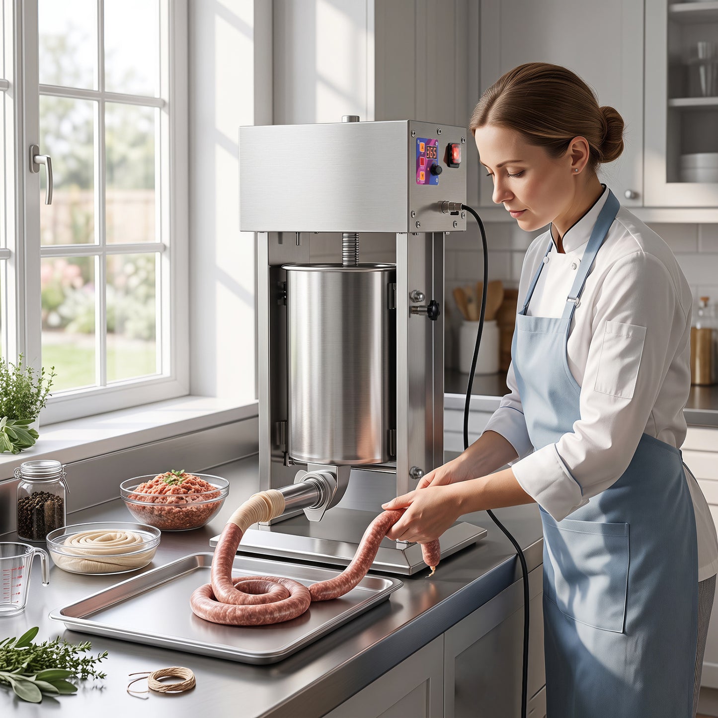 10L Poussoir à Saucisses Électrique, 4 Tubes, Pédale, Argent
