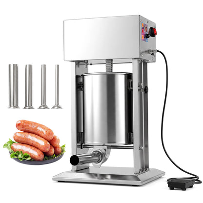 10L Poussoir à Saucisses Électrique, 4 Tubes, Pédale, Argent
