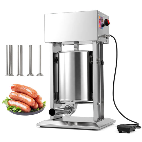 10L Electric Sausage Stuffer, 4 Tubes, Foot Pedal, Silver