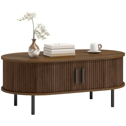 Coffee Table with Sliding Tambour Doors and Storage Center Table with Metal Legs, 39", Brown