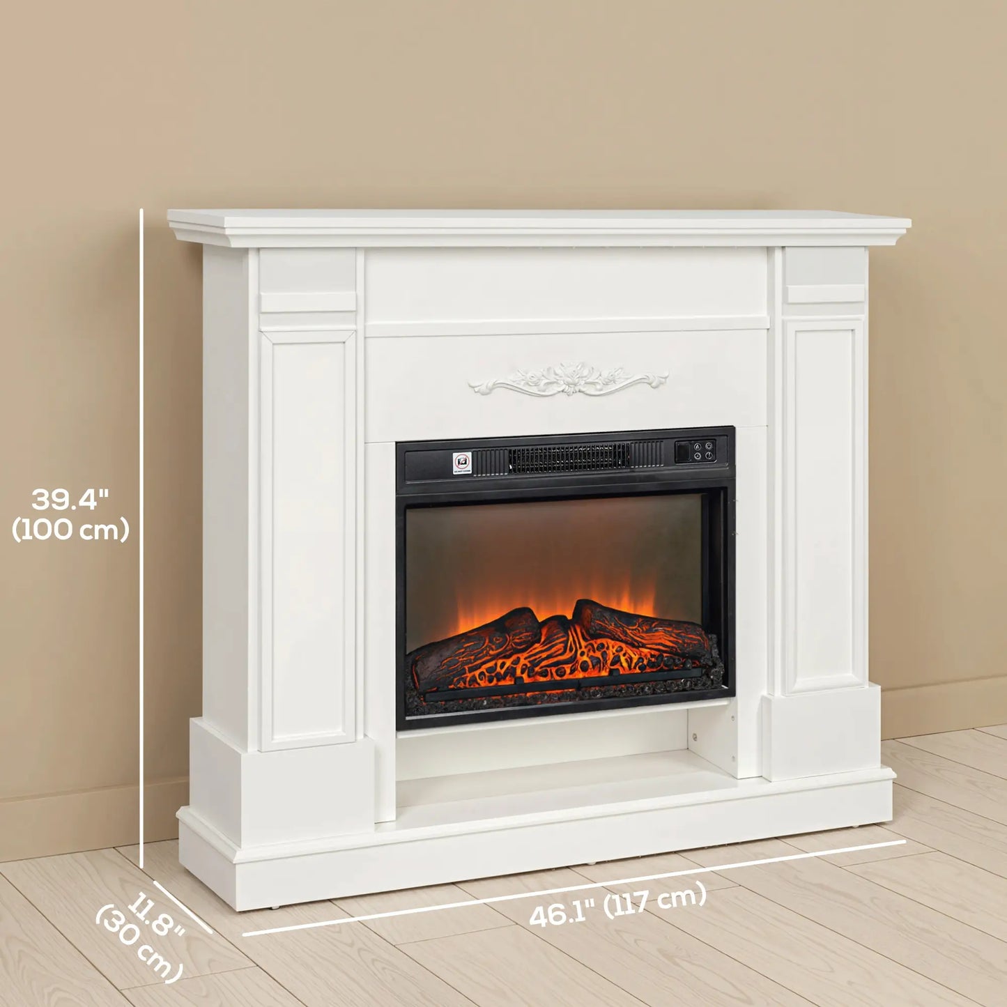 46" Electric Fireplace with Mantel, 1400W Heater, Realistic Flame, White Electric Fireplaces at Gallery Canada