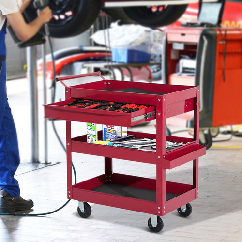 Rolling Tool Cart 3 Tray 1 Drawer Storage Chest Garage Utility Red