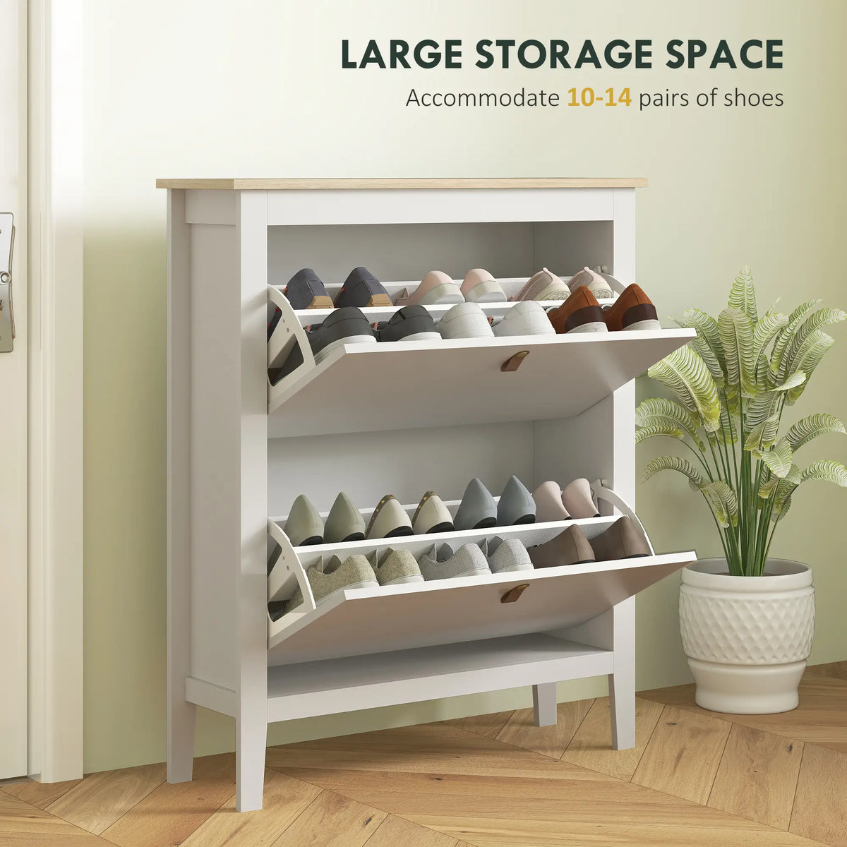Narrow Shoe Cabinet, 2 Flip Drawers, Adjustable Shelves, Holds 10-14 Pairs, White