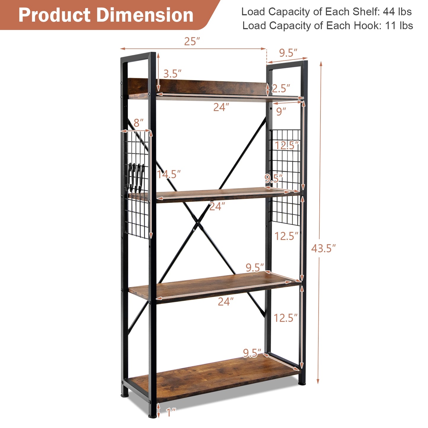 4 -Tier Industrial Open Storage Bookshelf, Dark Brown Bookcases at Gallery Canada