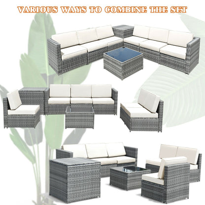 8 Piece Wicker Sofa Rattan Dinning Set Patio Furniture with Storage Table, White Outdoor Sectionals at Gallery Canada