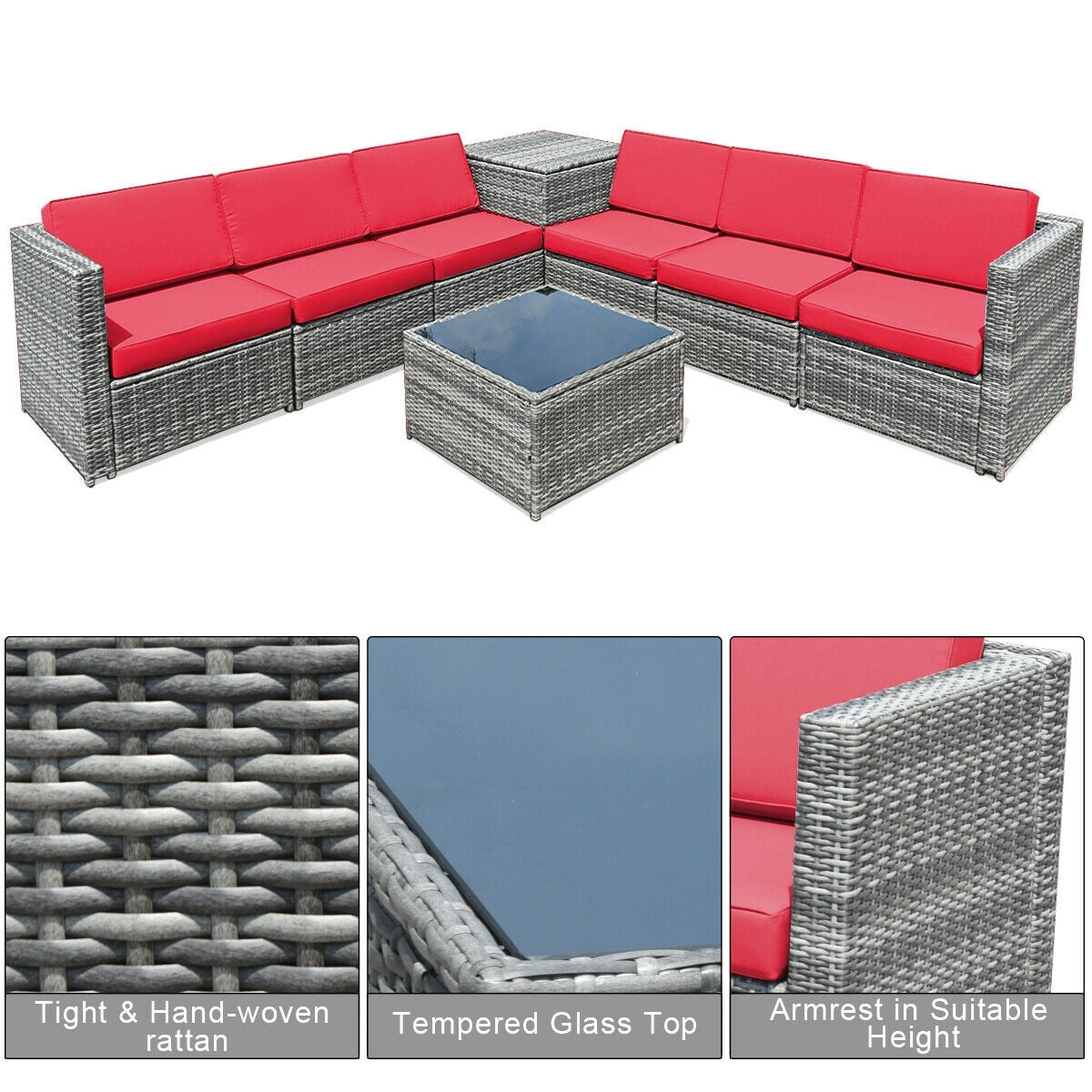 8 Piece Wicker Sofa Rattan Dinning Set Patio Furniture with Storage Table, Red Outdoor Sectionals at Gallery Canada