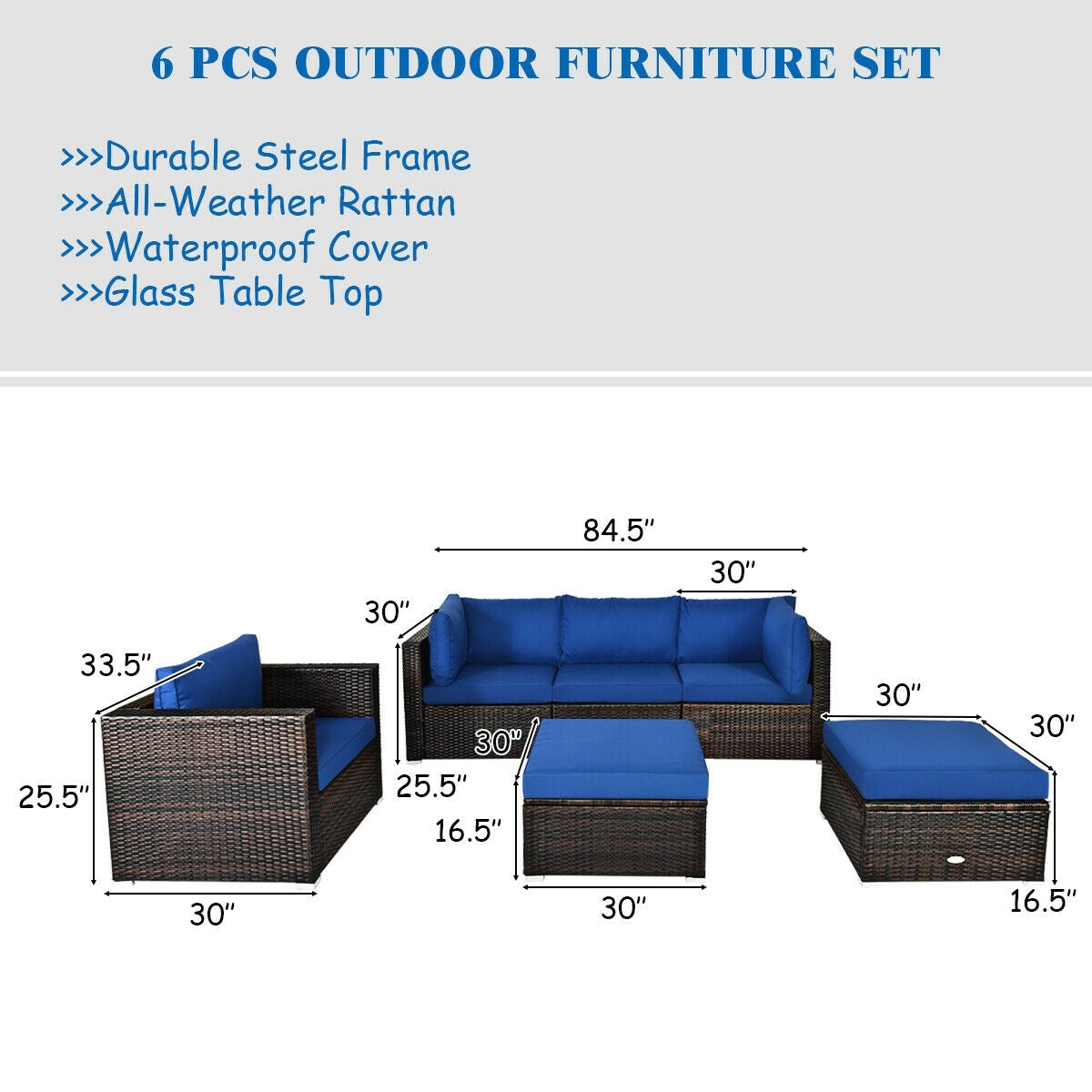 6 Pieces Patio Rattan Furniture Set with Sectional Cushion, Blue Outdoor Sectionals at Gallery Canada