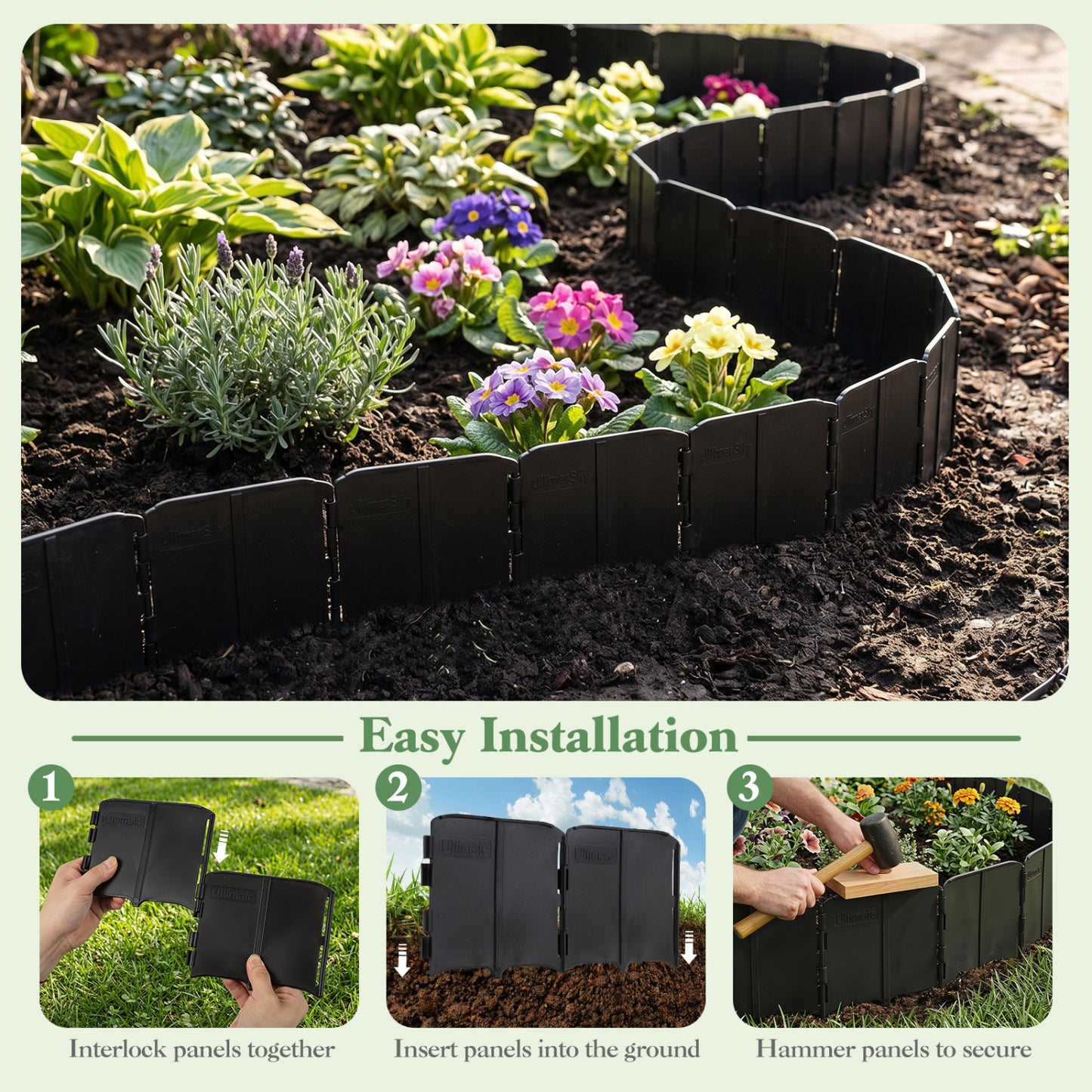 10.5 Ft 70 Pcs Garden Edging Borders, No Dig, Interlocking, Black