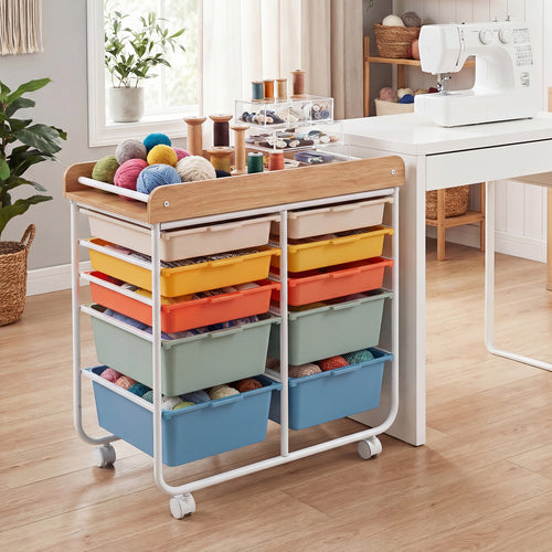 10-Drawer Rolling Cart, Wooden Tabletop, Lockable Wheels, Macaron