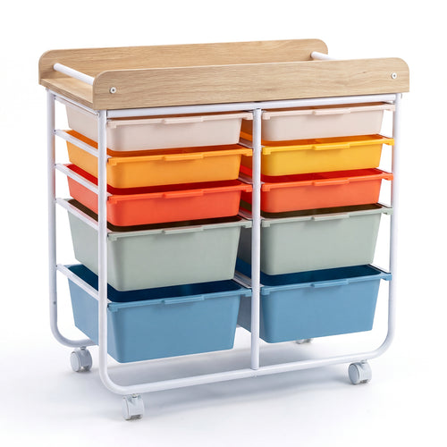 10-Drawer Rolling Cart, Wooden Tabletop, Lockable Wheels, Macaron