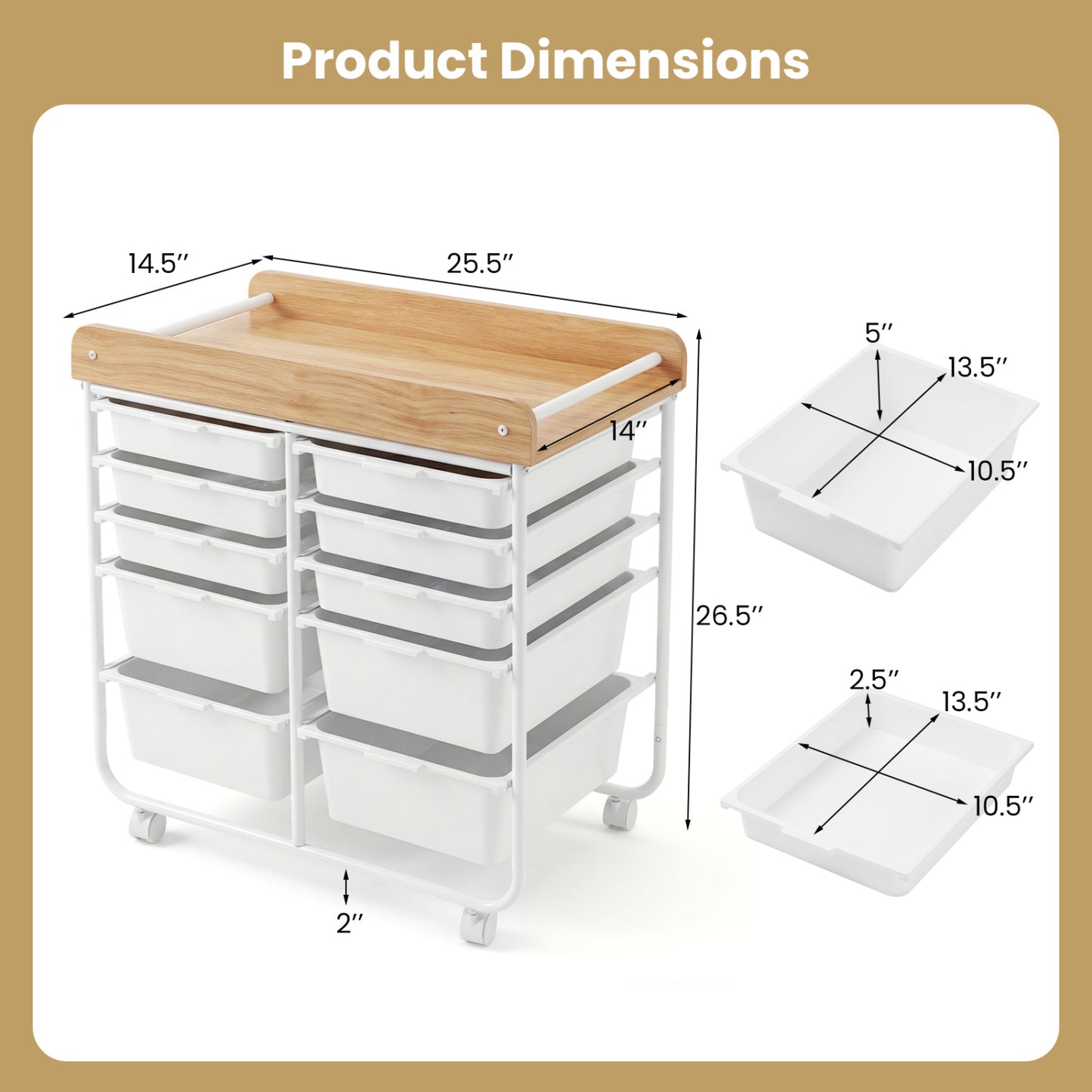 10-Drawer Rolling Cart with Wooden Tabletop and Lockable Wheels for Office, White File Cabinets at Gallery Canada