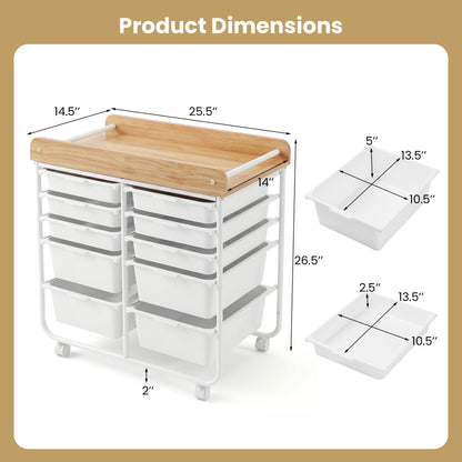 10-Drawer Rolling Cart with Wooden Tabletop and Lockable Wheels for Office, White File Cabinets at Gallery Canada