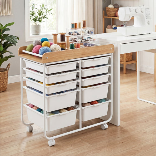 10-Drawer Rolling Cart with Wooden Tabletop and Lockable Wheels for Office, White