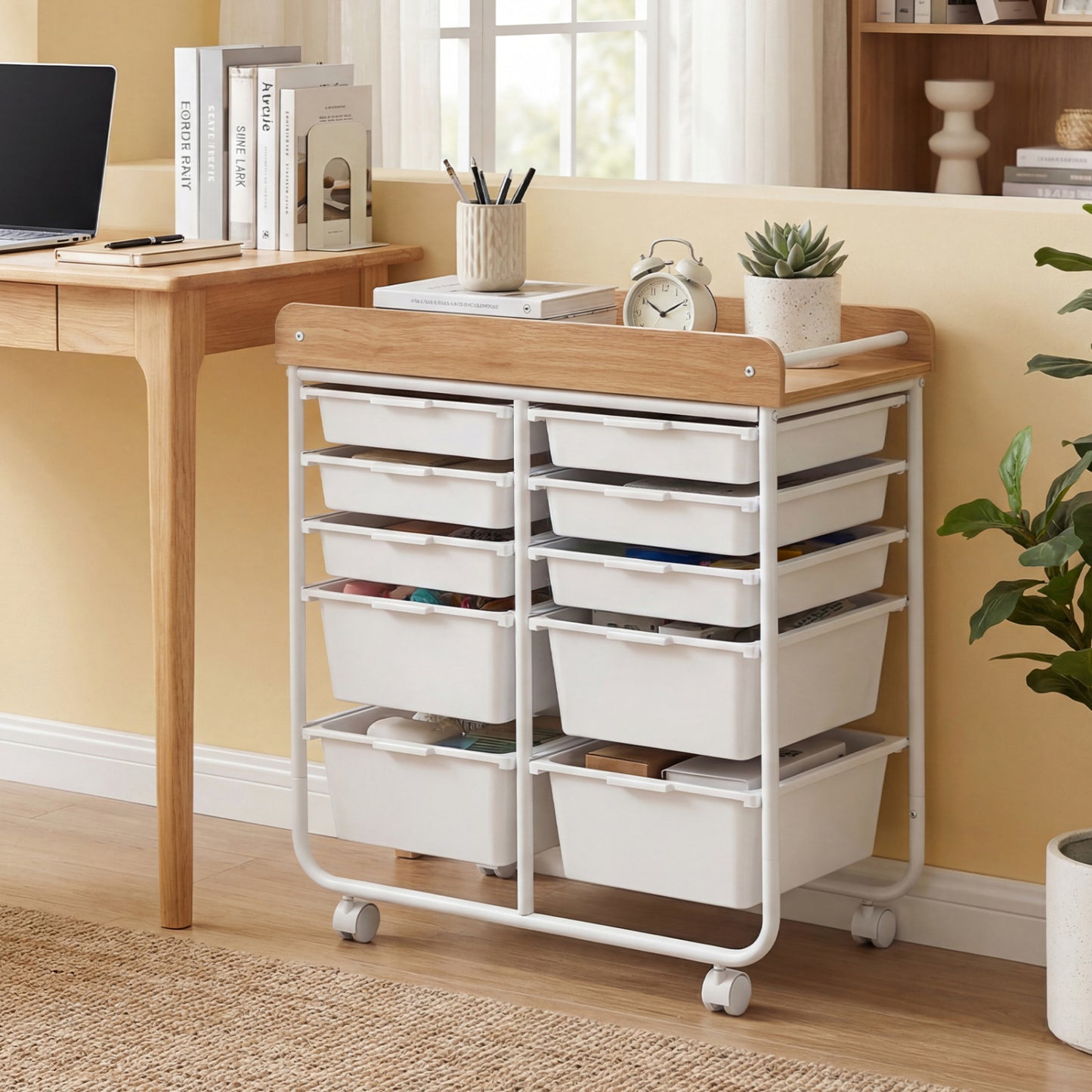 10-Drawer Rolling Cart with Wooden Tabletop and Lockable Wheels for Office, White File Cabinets at Gallery Canada