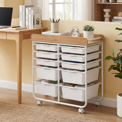 10-Drawer Rolling Cart with Wooden Tabletop and Lockable Wheels for Office, White File Cabinets at Gallery Canada