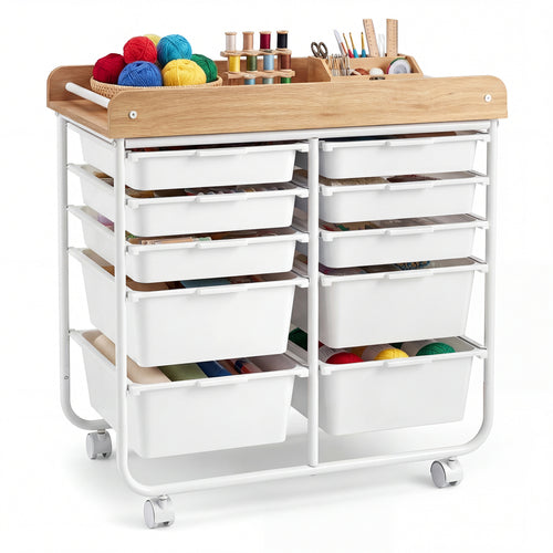 10-Drawer Rolling Cart with Wooden Tabletop and Lockable Wheels for Office, White