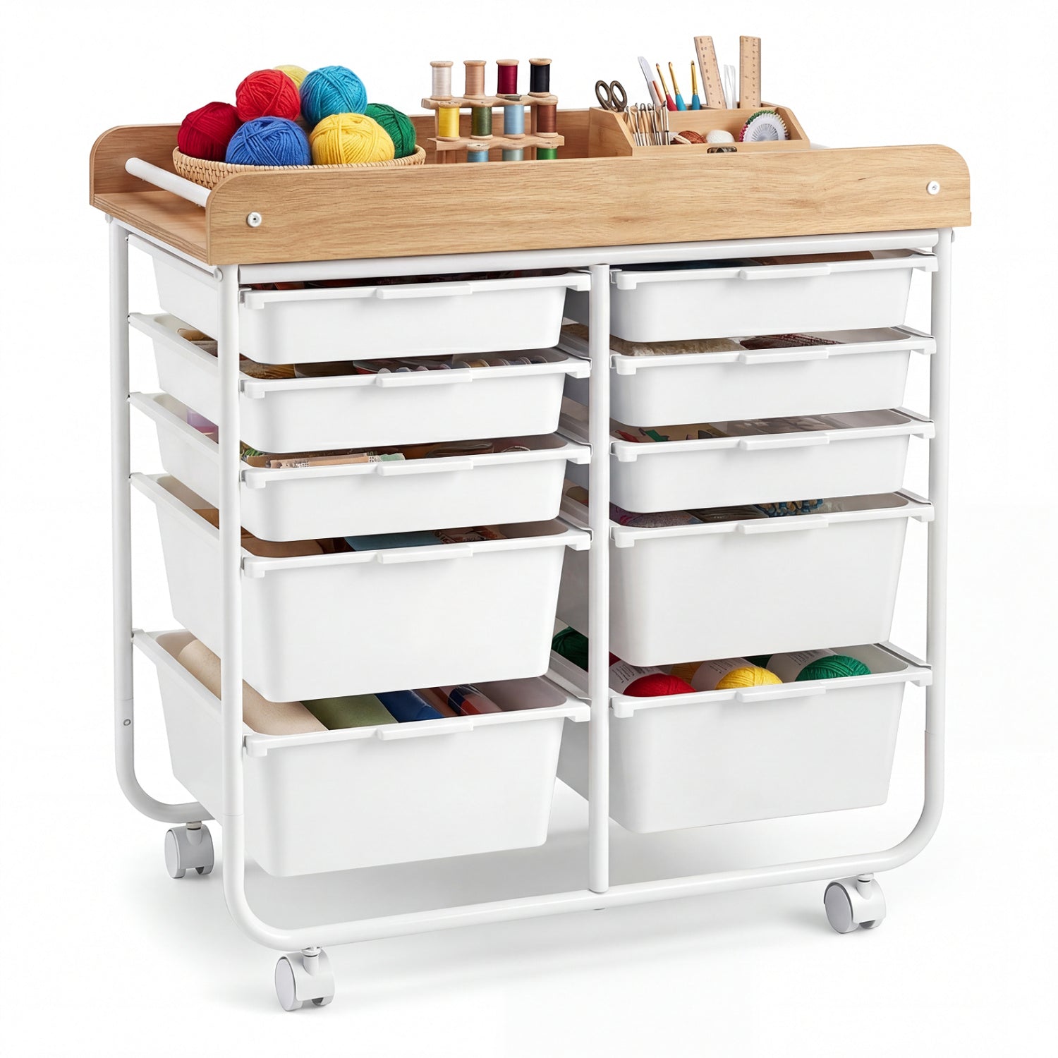 10-Drawer Rolling Cart with Wooden Tabletop and Lockable Wheels for Office, White File Cabinets White at Gallery Canada