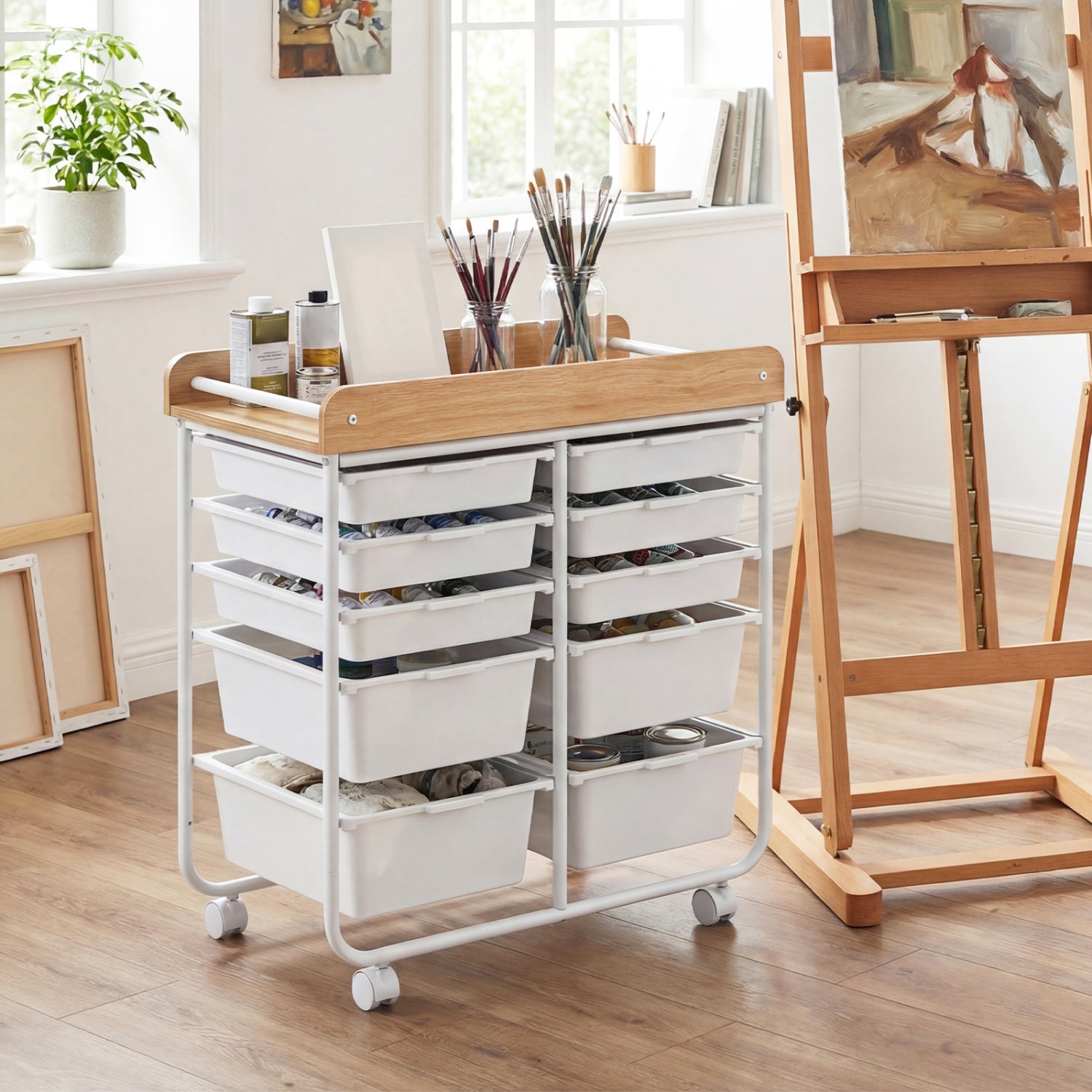 10-Drawer Rolling Cart with Wooden Tabletop and Lockable Wheels for Office, White File Cabinets at Gallery Canada