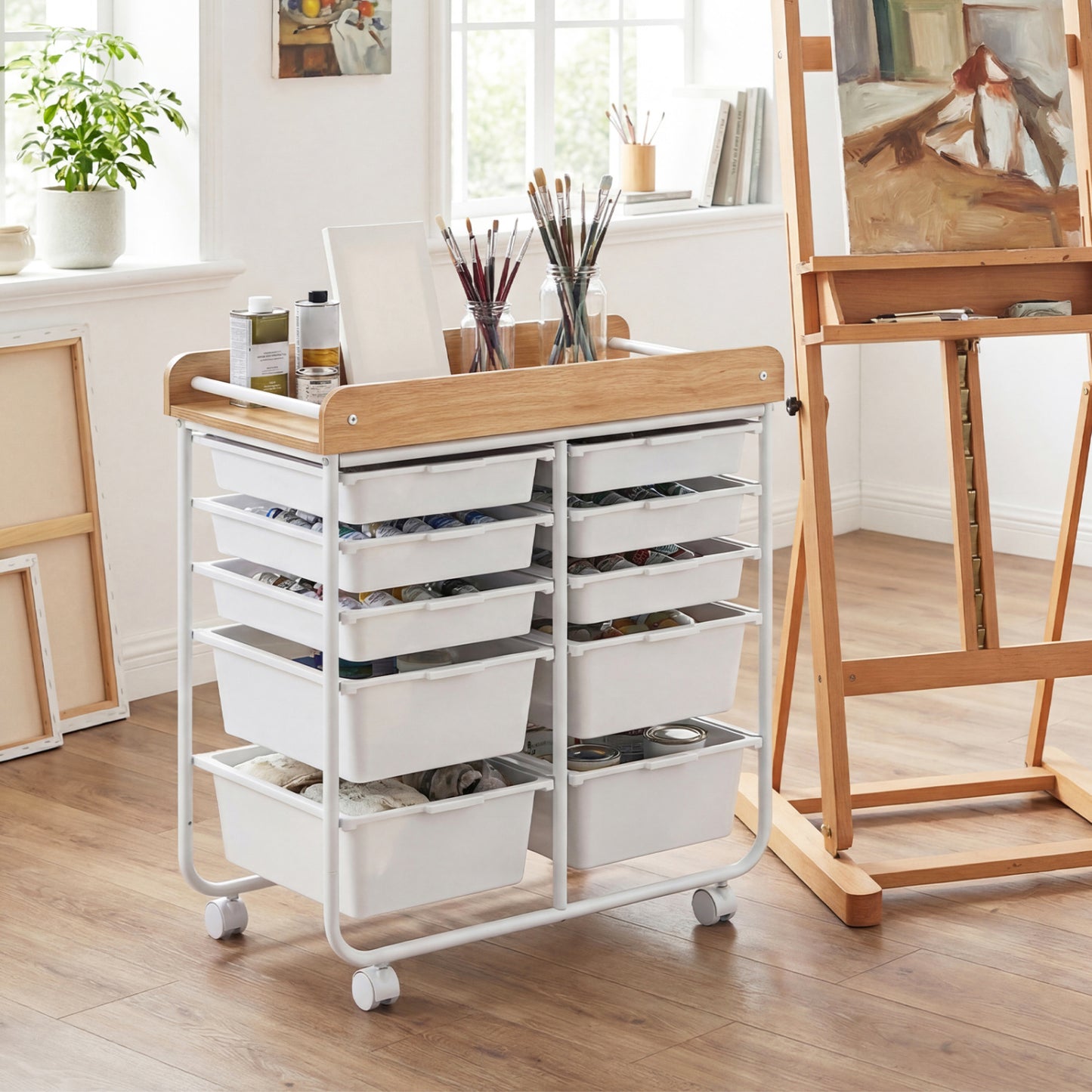 10-Drawer Rolling Cart with Wooden Tabletop and Lockable Wheels for Office, White File Cabinets at Gallery Canada