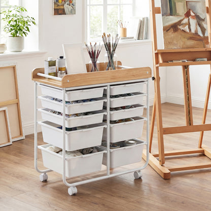 10-Drawer Rolling Cart with Wooden Tabletop and Lockable Wheels for Office, White File Cabinets at Gallery Canada