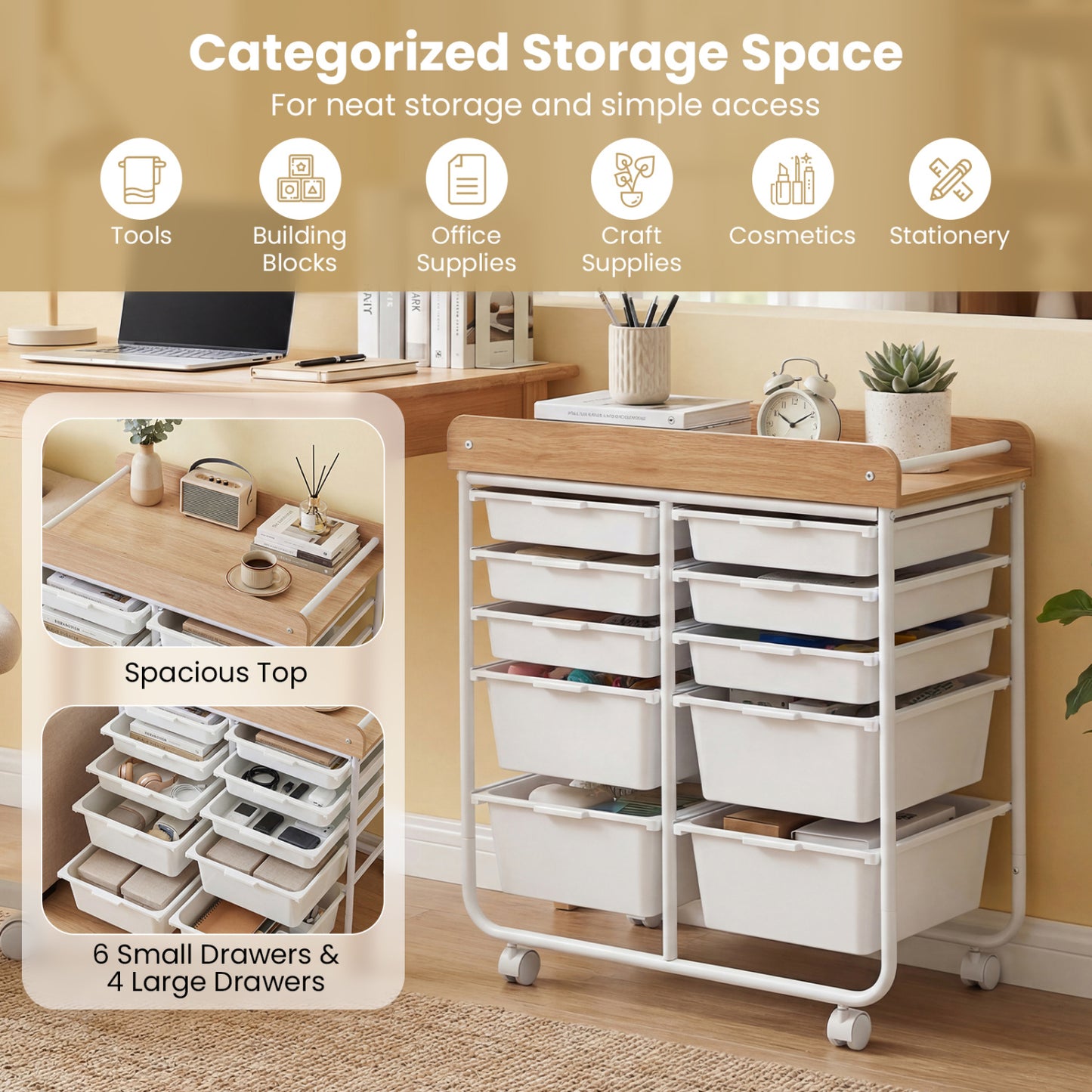 10-Drawer Rolling Cart with Wooden Tabletop and Lockable Wheels for Office, White File Cabinets at Gallery Canada