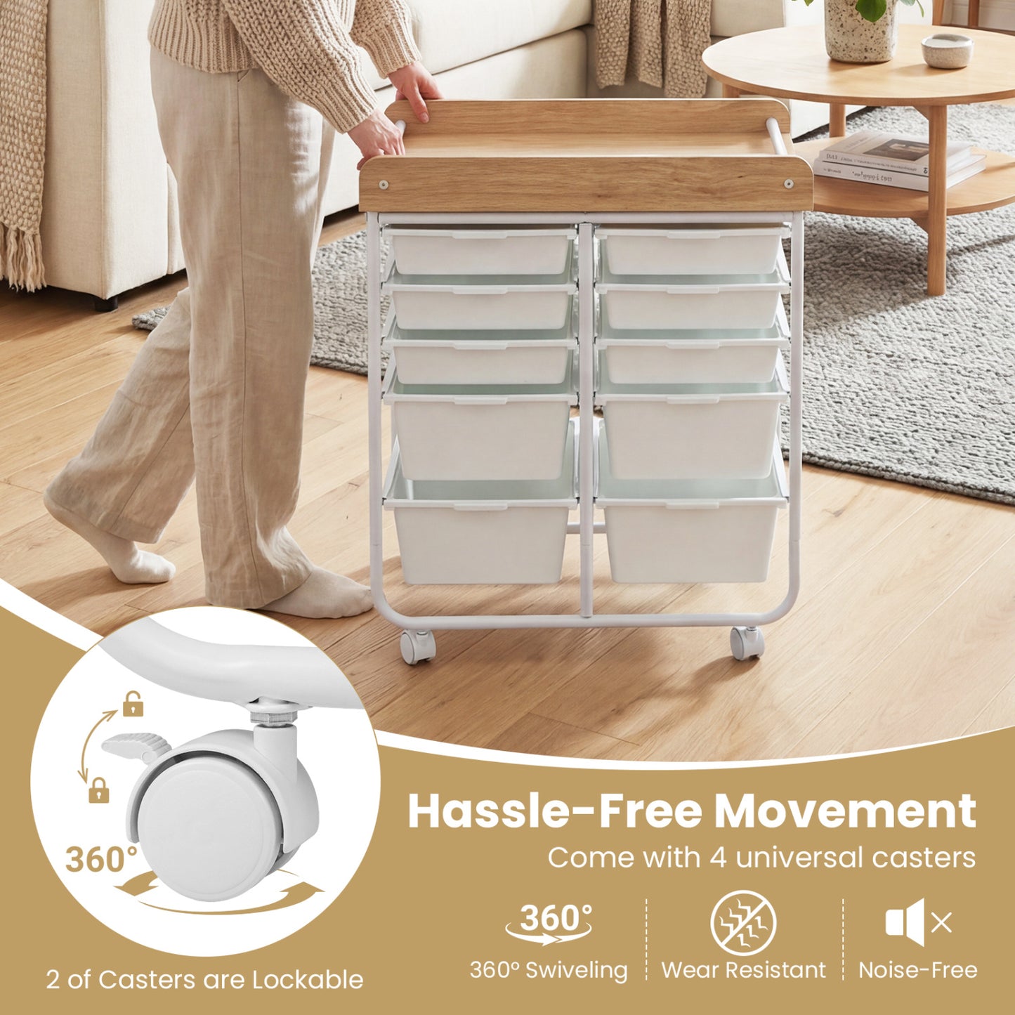 10-Drawer Rolling Cart with Wooden Tabletop and Lockable Wheels for Office, White File Cabinets at Gallery Canada