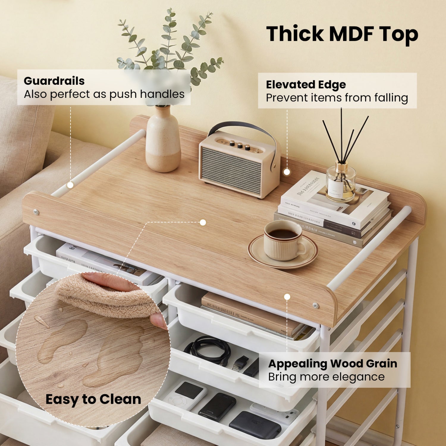 10-Drawer Rolling Cart with Wooden Tabletop and Lockable Wheels for Office, White File Cabinets at Gallery Canada