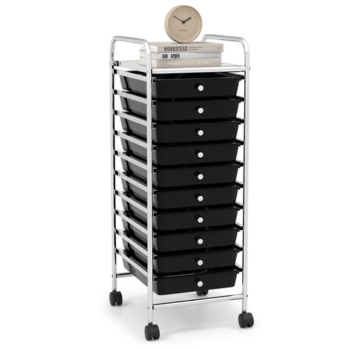 10 Drawer Rolling Storage Cart Organizer with 4 Universal Casters, Black