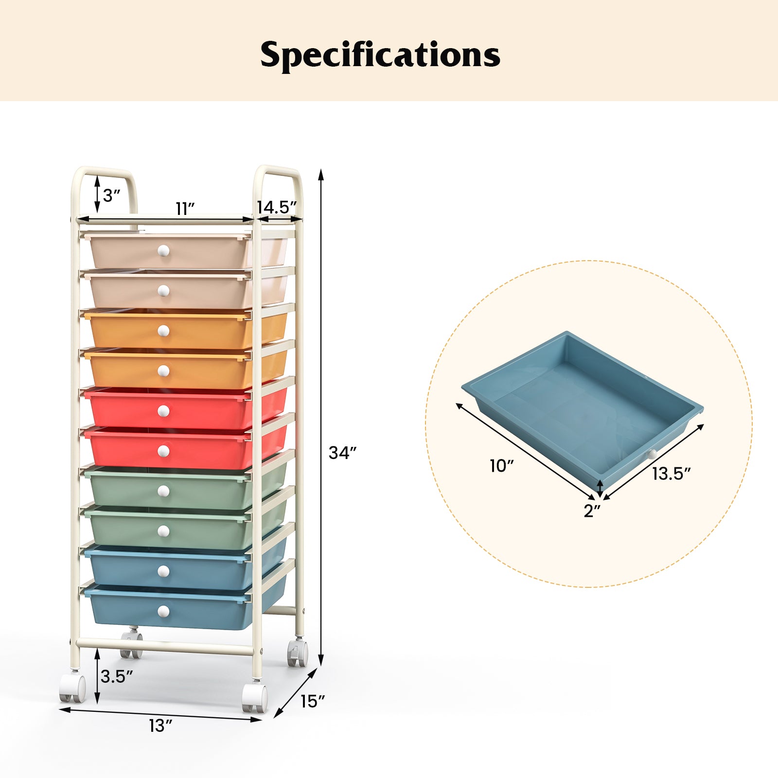 10 Drawer Rolling Storage Cart Organizer with 4 Universal Casters, Macaron Multicolor File Cabinets at Gallery Canada