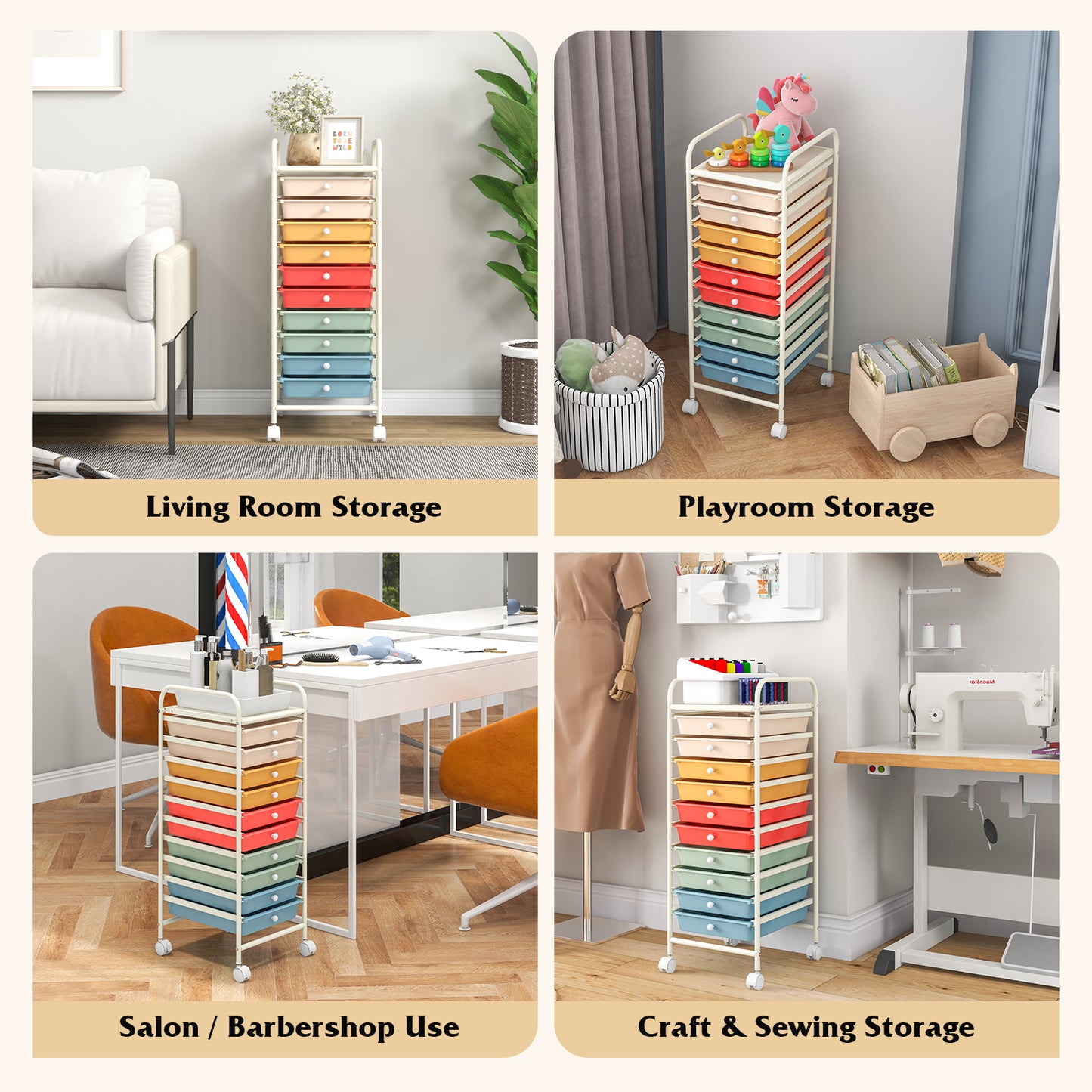 10 Drawer Rolling Storage Cart Organizer with 4 Universal Casters, Macaron Multicolor File Cabinets at Gallery Canada