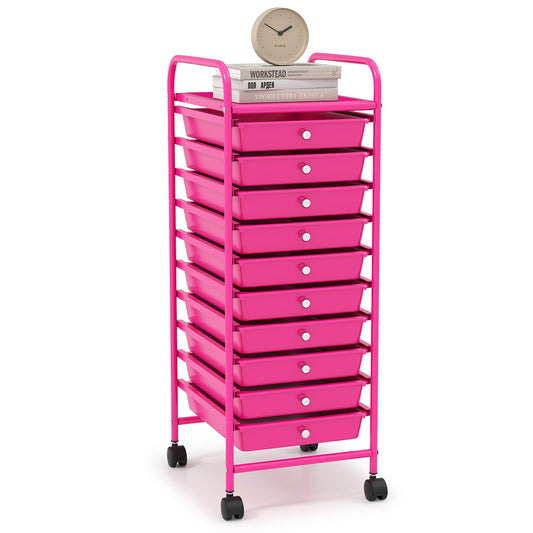 Chariot de rangement roulant avec 10 tiroirs, rose