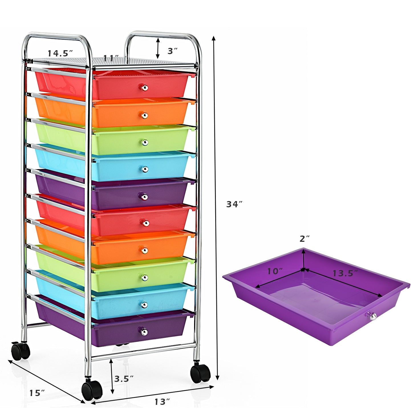 10 Drawer Rolling Storage Cart Organizer with 4 Universal Casters, Multicolor File Cabinets at Gallery Canada