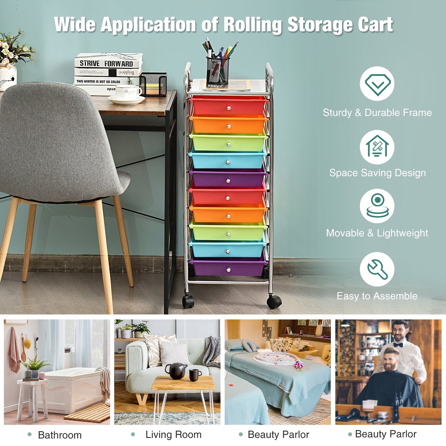 10 Drawer Rolling Storage Cart Organizer with 4 Universal Casters, Multicolor File Cabinets at Gallery Canada