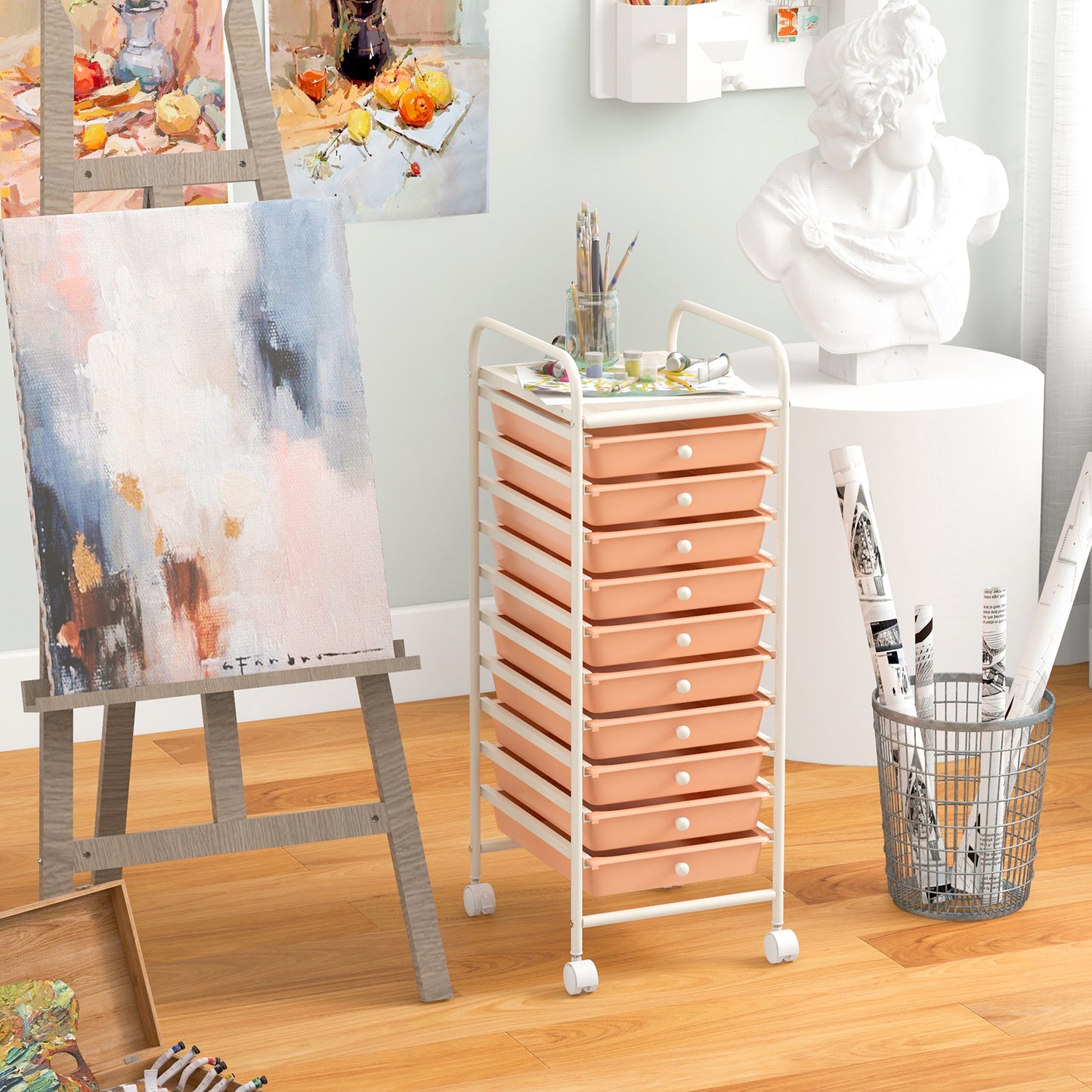 10 Drawer Rolling Storage Cart Organizer with 4 Universal Casters, Cherry File Cabinets at Gallery Canada