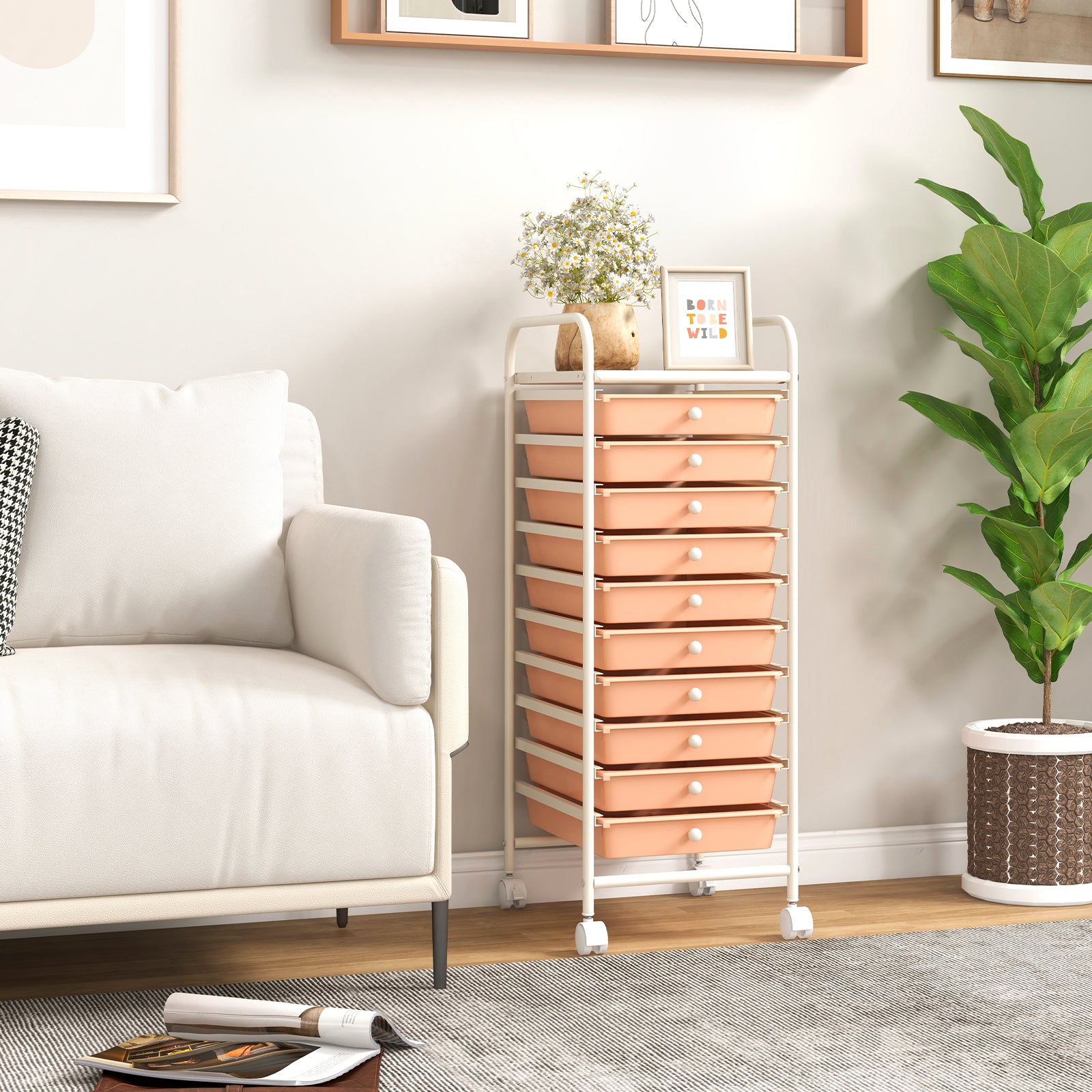 10 Drawer Rolling Storage Cart Organizer with 4 Universal Casters, Cherry File Cabinets at Gallery Canada