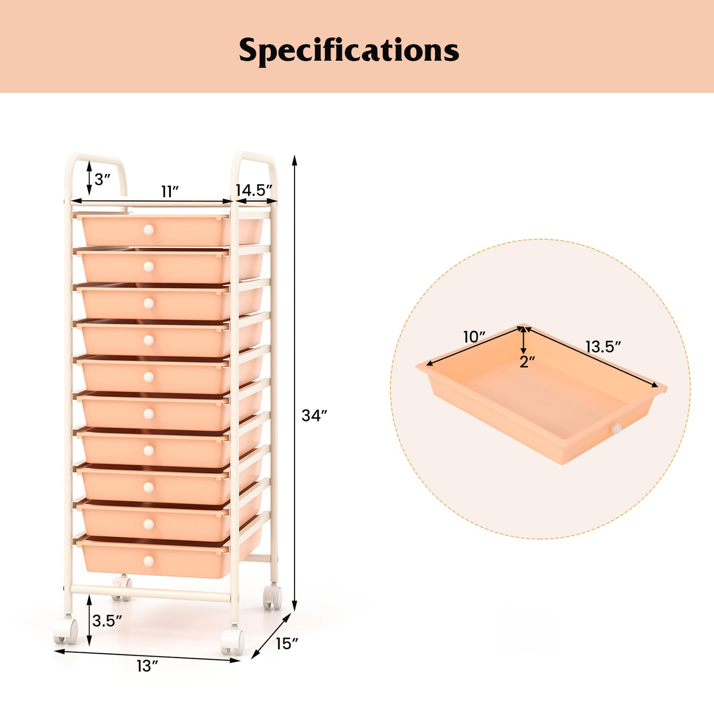 10 Drawer Rolling Storage Cart Organizer with 4 Universal Casters, Cherry File Cabinets at Gallery Canada