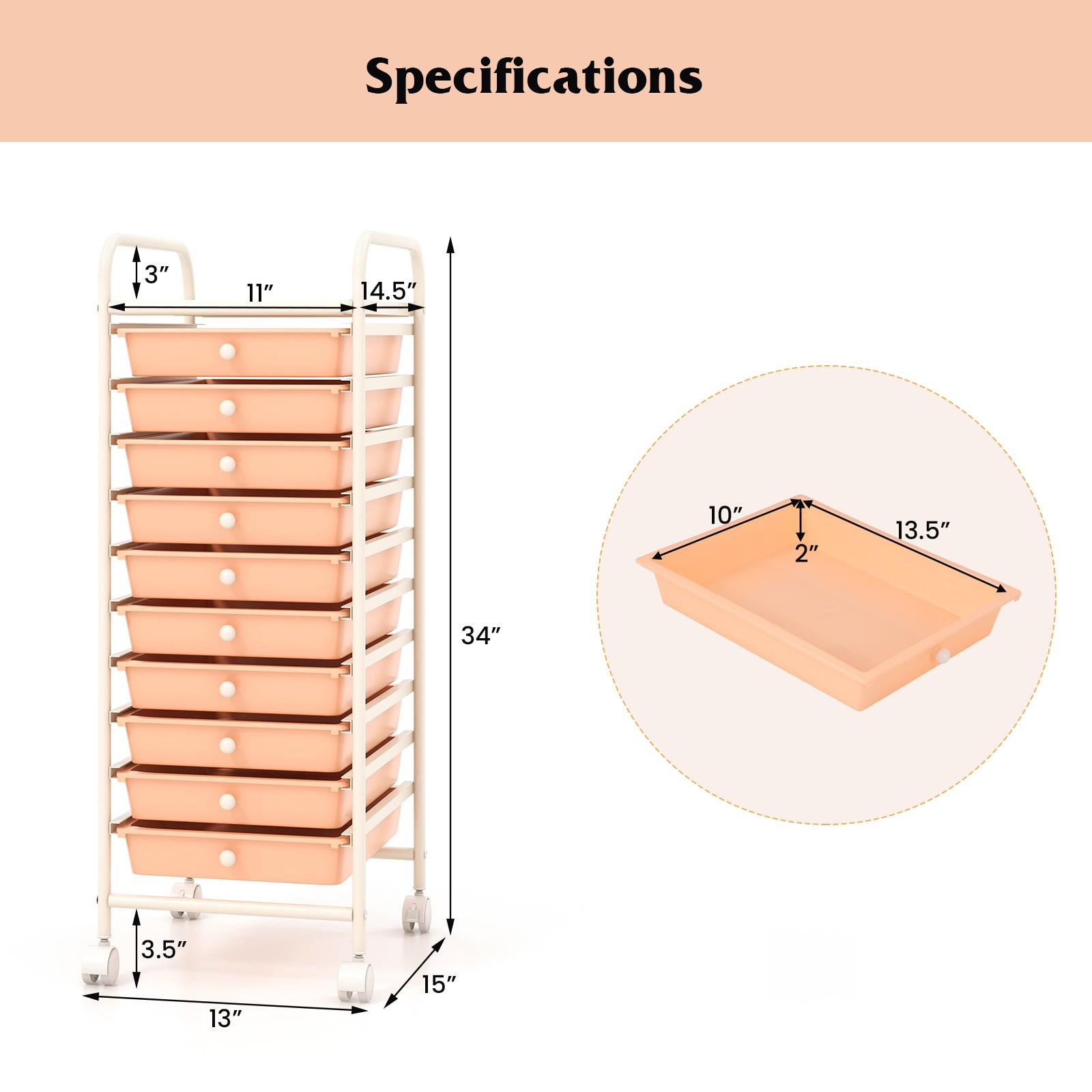 10 Drawer Rolling Storage Cart Organizer with 4 Universal Casters, Cherry File Cabinets at Gallery Canada